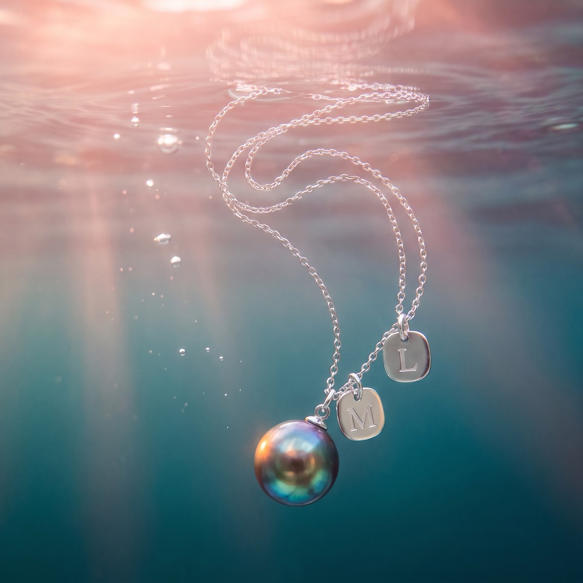 Pearlkeeper concept: a luminous dark pearl necklace with silver initial charms suspended in blue water